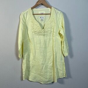 Malvin Linen Tunic Women XL Yellow 3/4 Sleeve Crochet Lace‎ V-Neck Coastal Boho